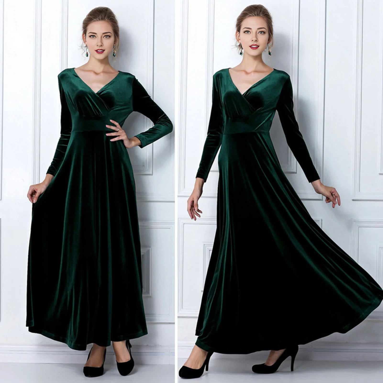 Vintage Women Autumn Long Sleeve V Neck Pleated Velvet Banquet Party Maxi Dress Party Wedding Elegant Evening dress 
