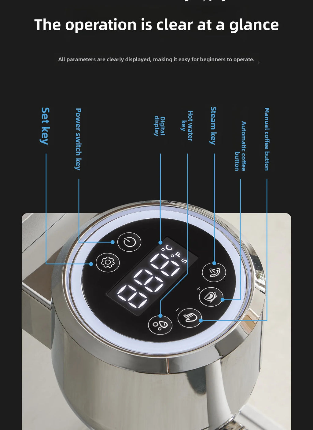 Silver espresso coffee maker with digital touch control panel, LED display, and labeled operation buttons.