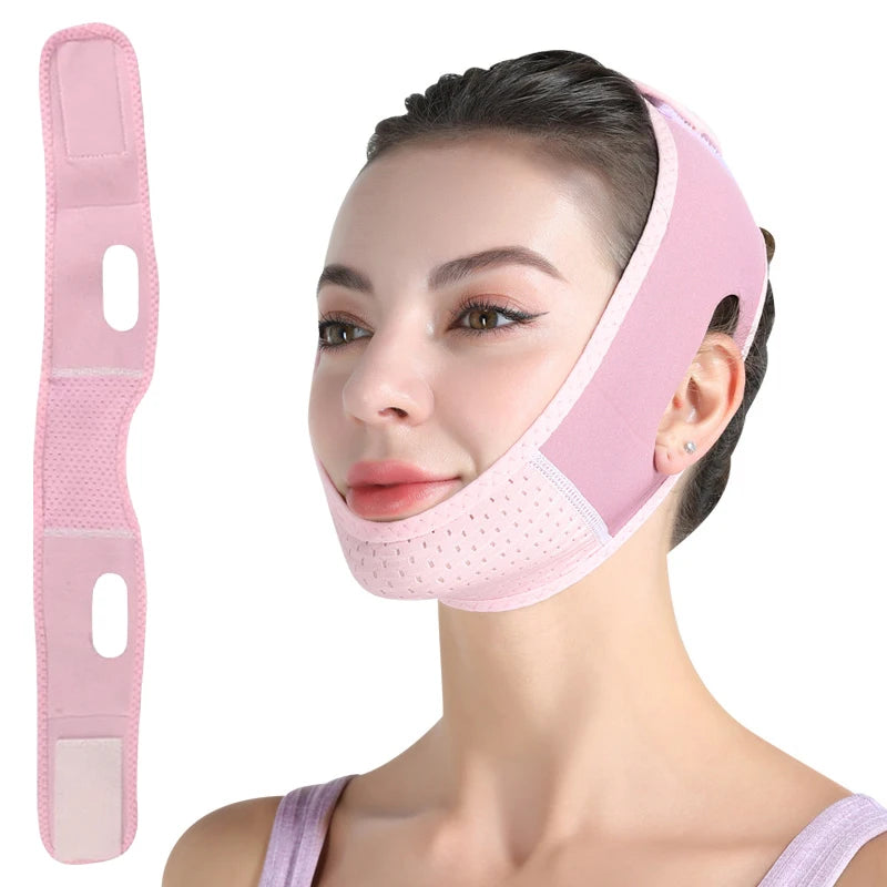 A woman wears a pink, breathable V-line facial slimming strap that lifts the chin and jawline.