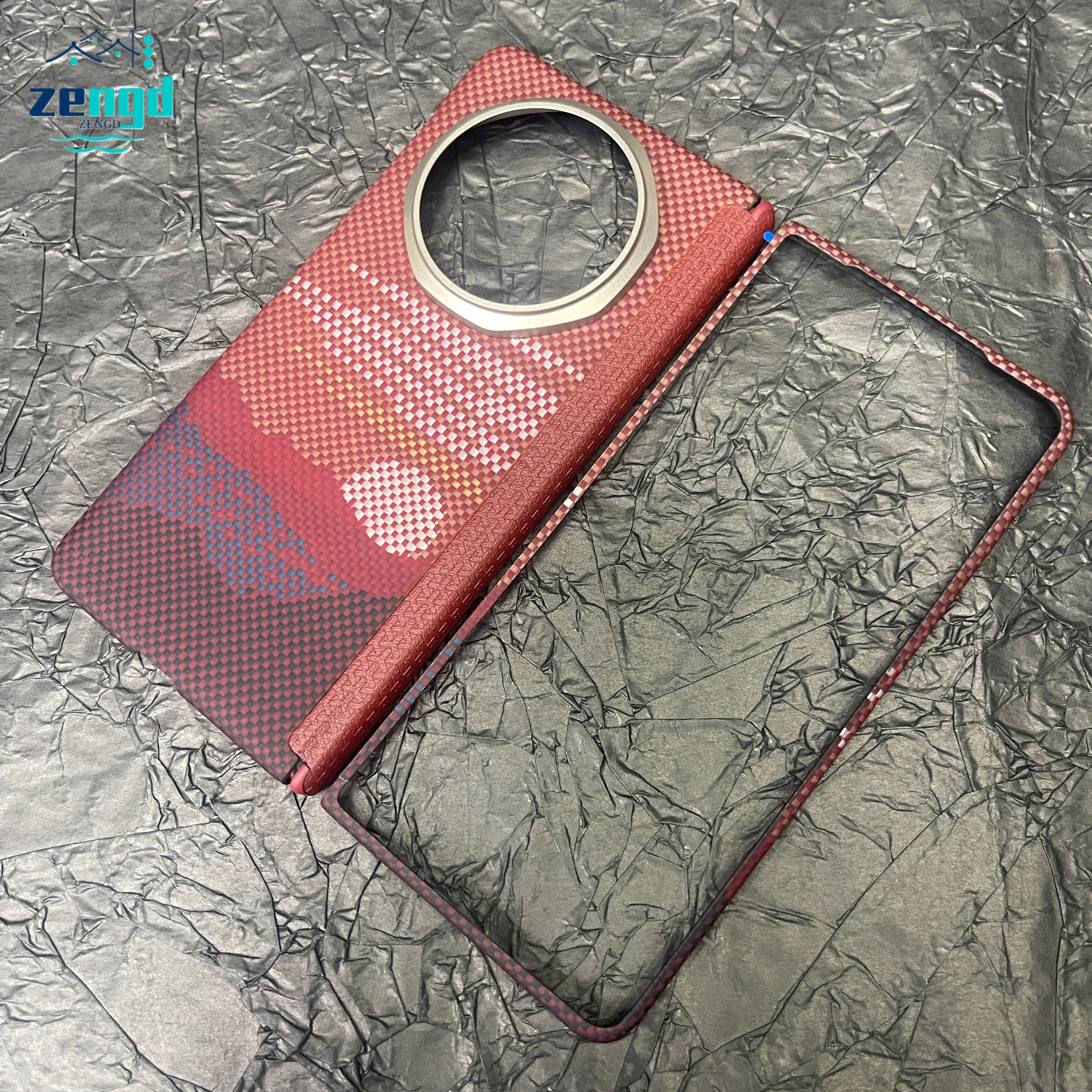 Red carbon fiber foldable phone case with a large circular camera cutout and a separate front screen frame.