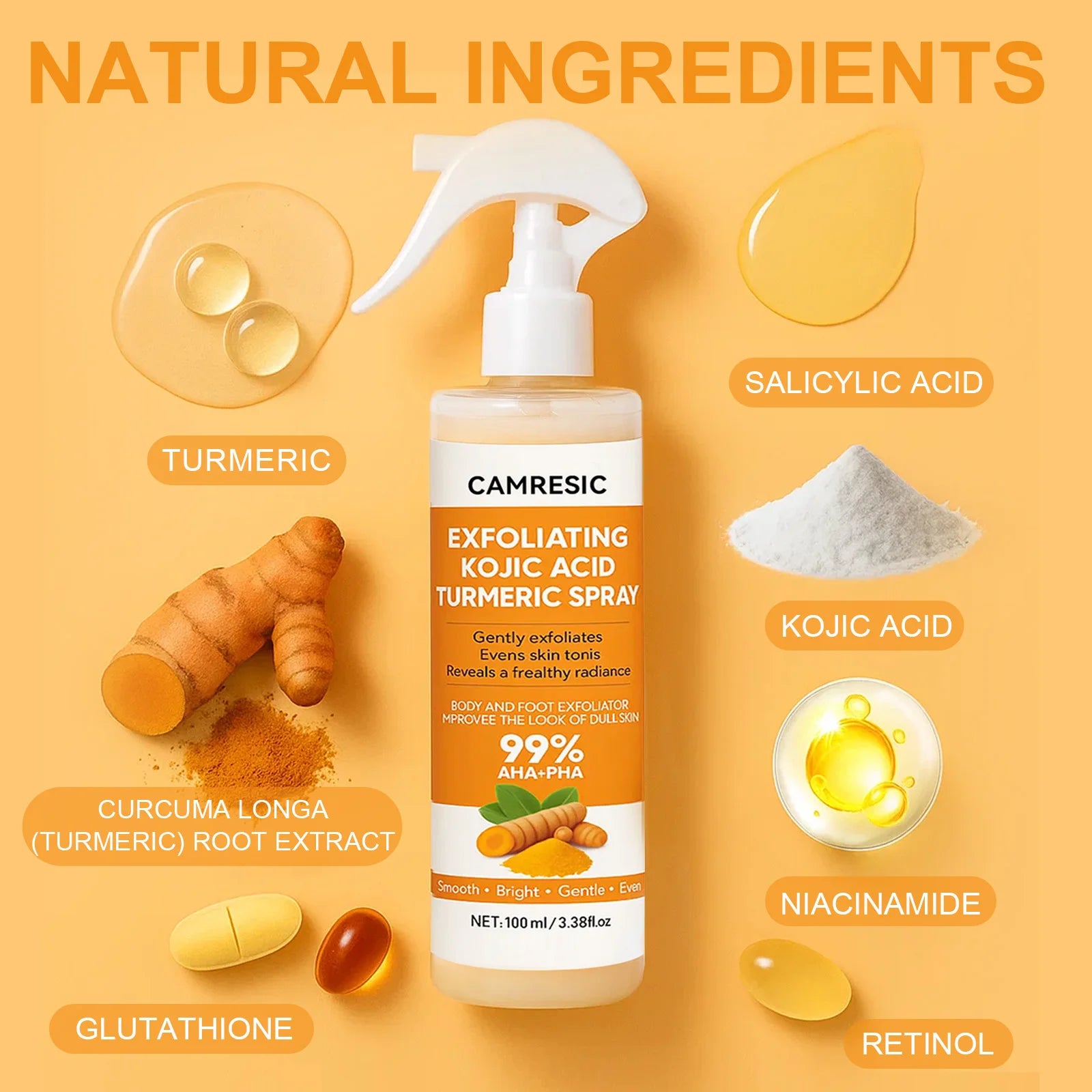 Body Keratin Care Kojic Acid Turmeric Spray Gently Exfoliating Peeling Solution Brightening Hydrating Skin Care All Skin Types