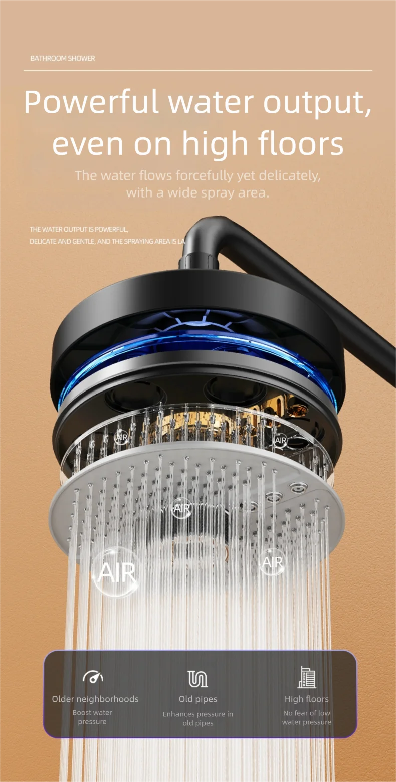 Adjustable Rainfall Shower Head 5 Modes Big Panel High-pressure Large Flow Top Spray 175mm Ceiling Mounted Supercharge Shower