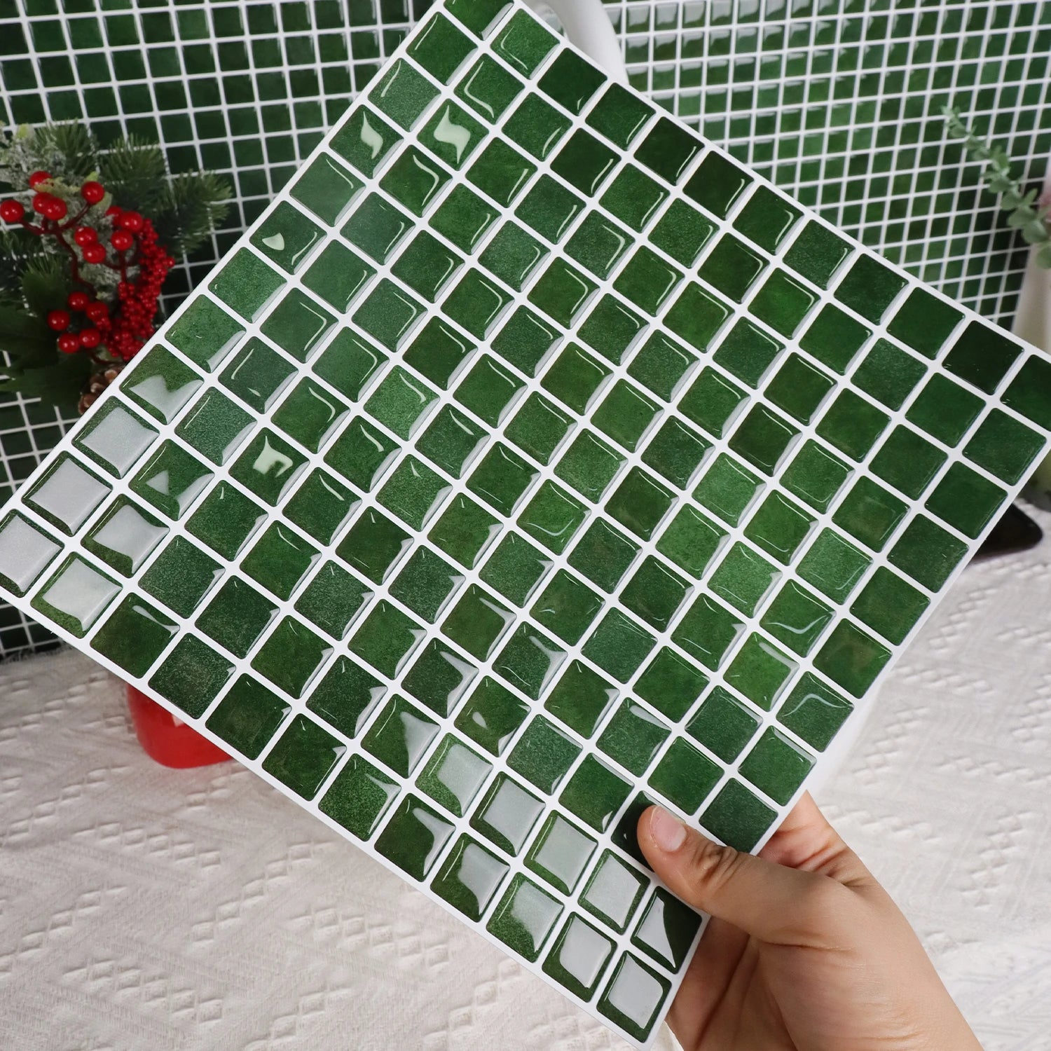 3pcs Christmas Style Wall Sticker Mosaic Tiles Self Adhesive Kitchen Vinly Wallpaper  Removable Waterproof Square Wall Decals