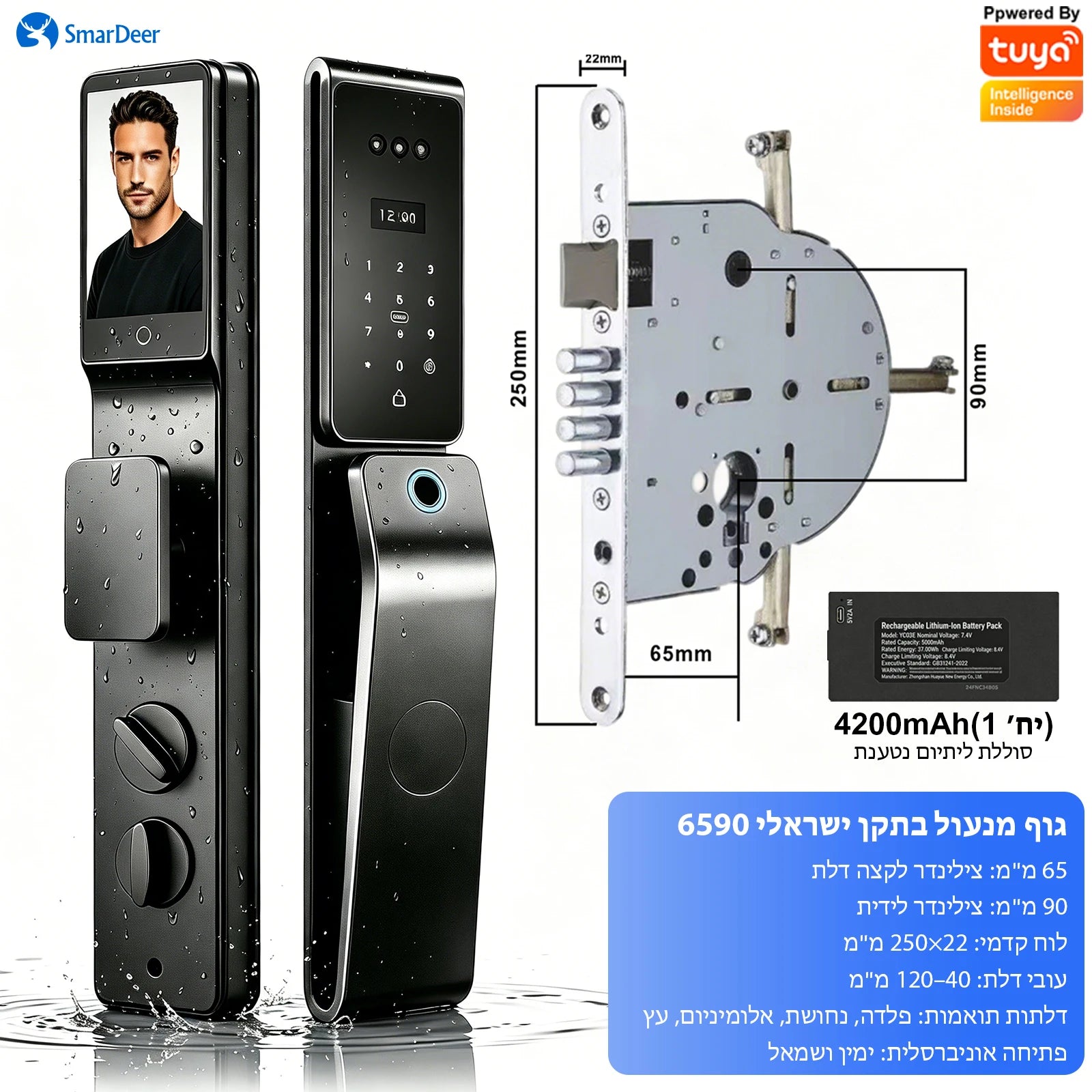 SmarDeer IP66 Waterproof Smart Lock,3D Facial Recognition Fingerprint Door Lock,Tuya Electronic Door Lock for Israel Standard