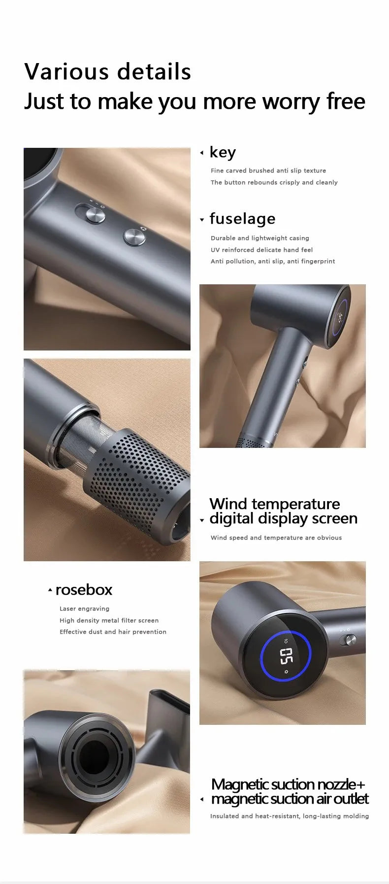 Grey 1600W high-speed ionic hair dryer with LED display, magnetic nozzle, and anti-slip matte design.