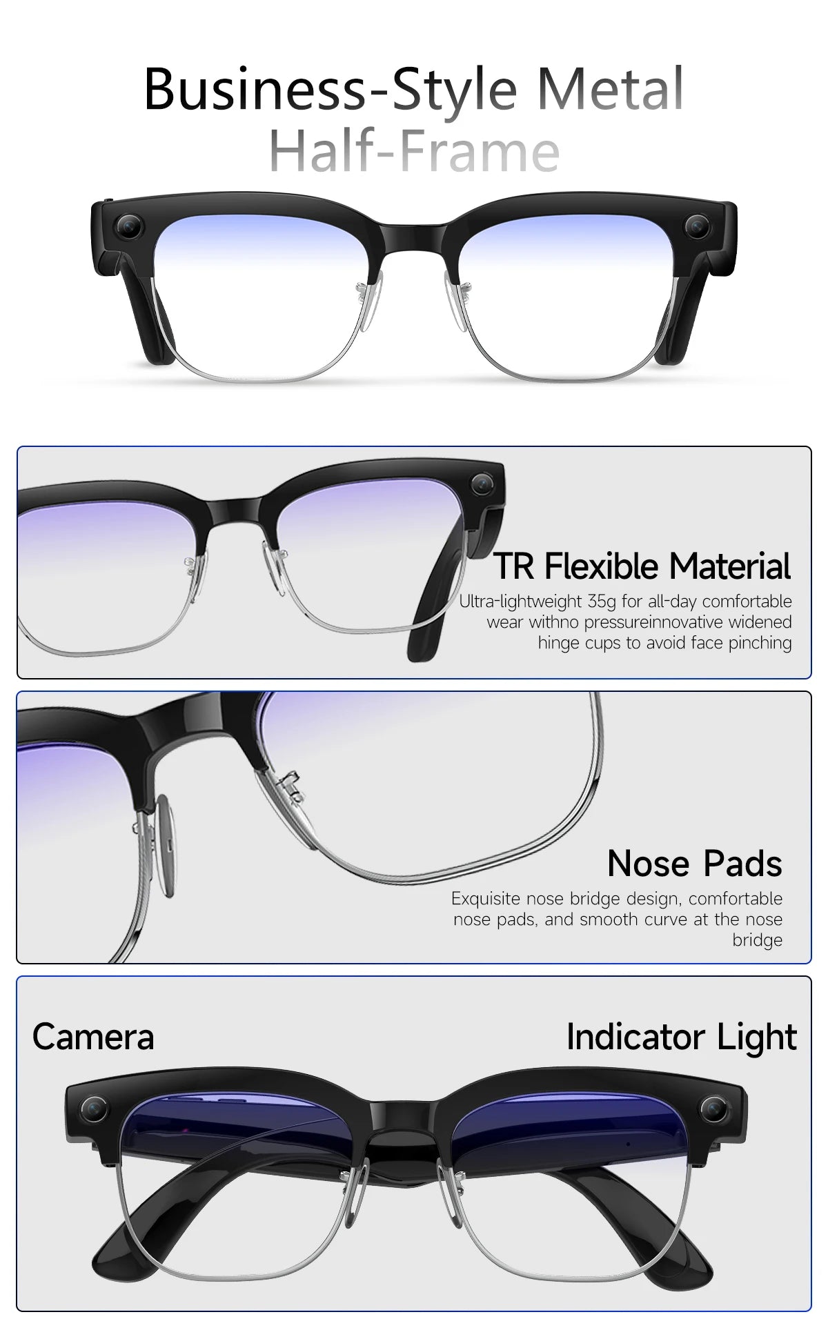 Smart Bluetooth Glasses with AI Camera and Live Translation - Tidesmit Tidesmit