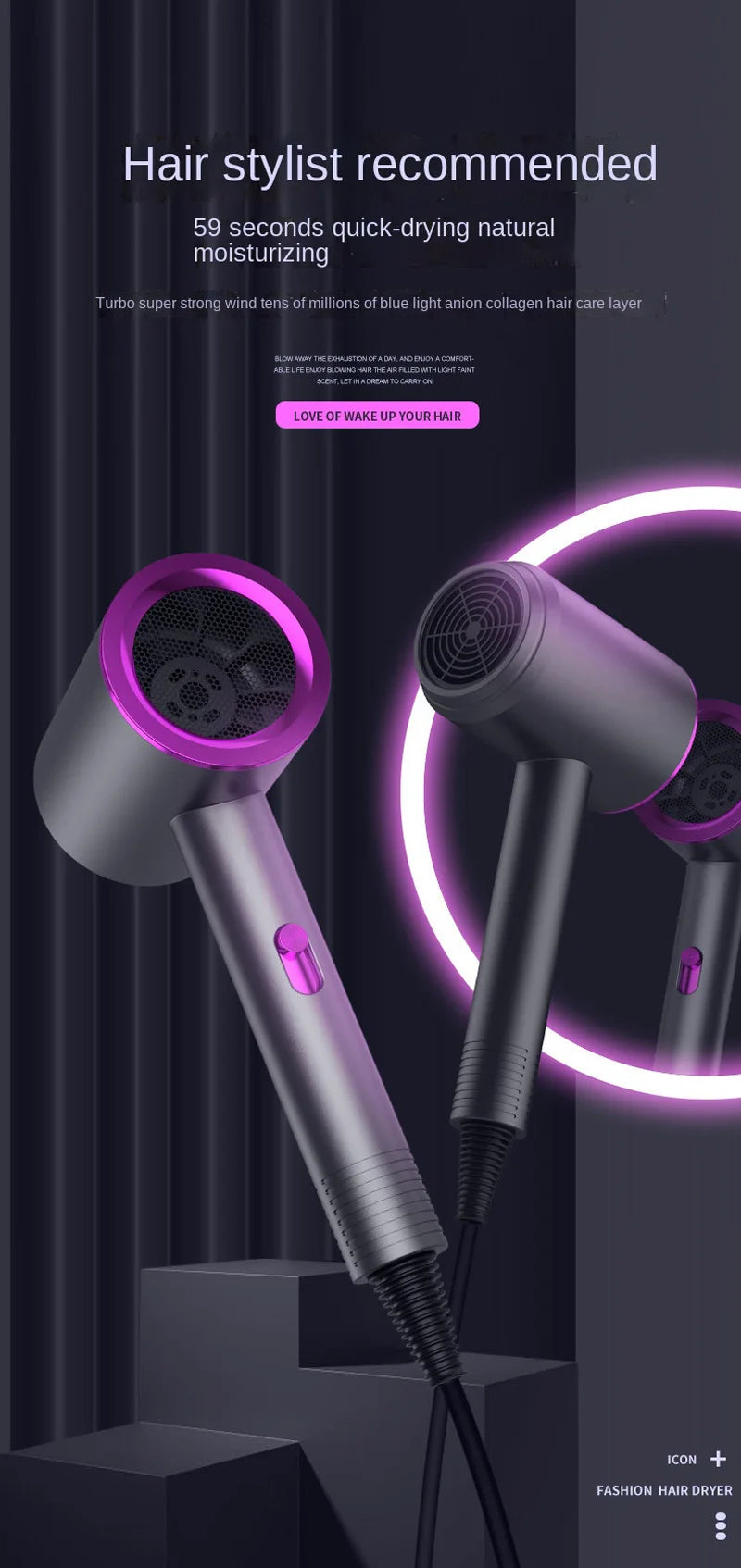Professional high-speed grey hair dryer with purple accents, featuring ion hair care technology for salon styling.