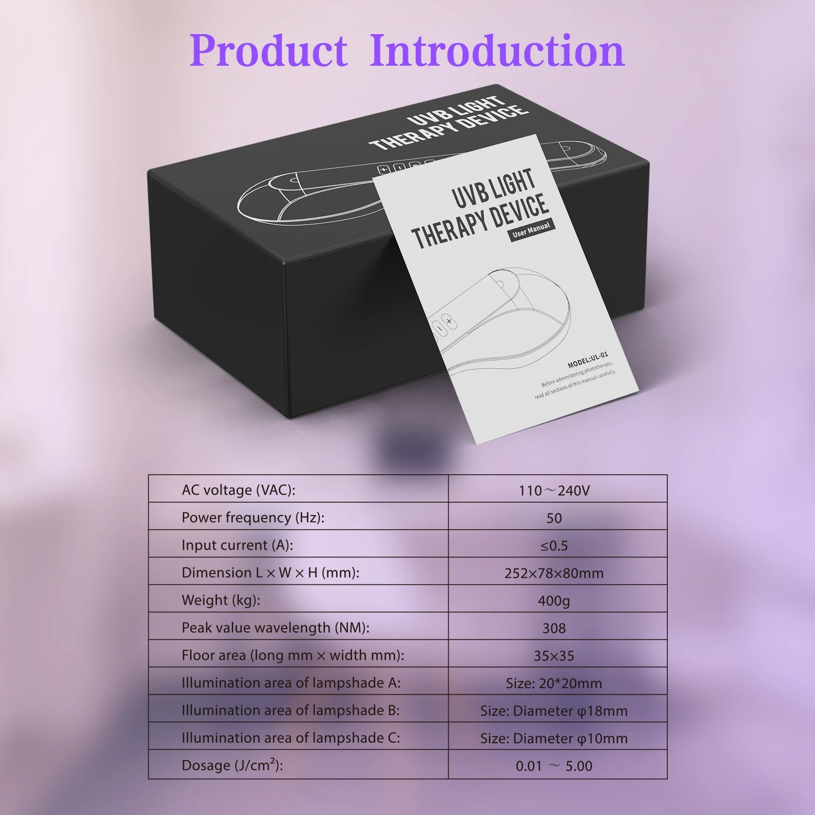 UVB light therapy device in black box with user manual and technical specification table for skin treatment.