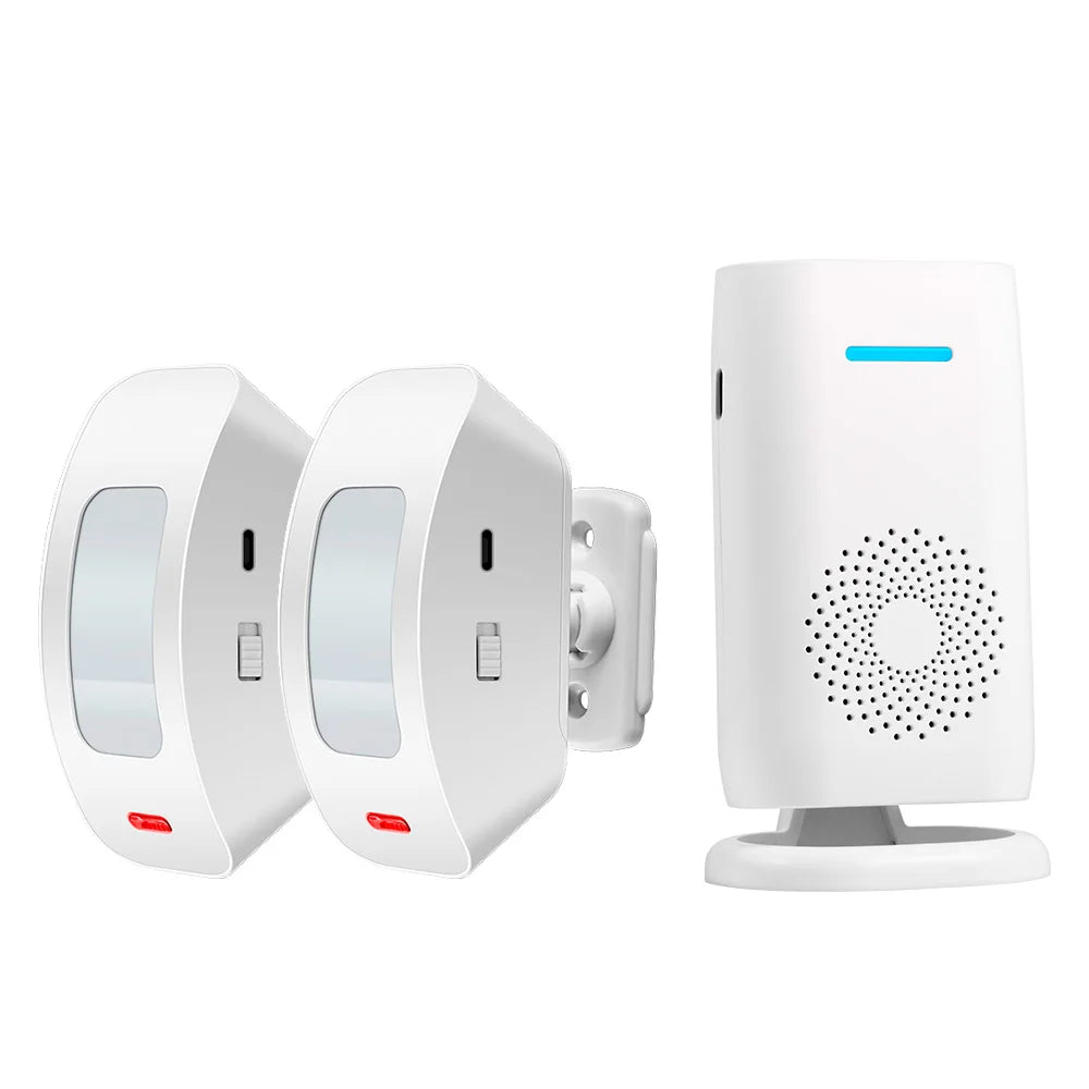 Wireless doorbell chime: two white doorbell transmitters and white plug-in chime receiver