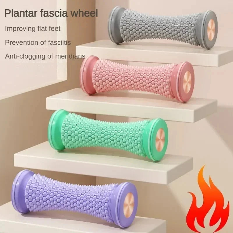 Multi-colored plastic foot massage rollers with textured surface for plantar fasciitis relief and muscle relaxation.