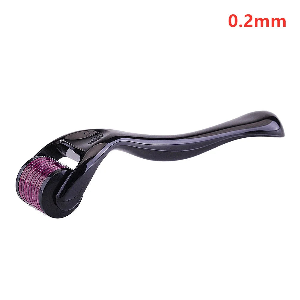 Black derma roller with a 0.2mm purple needle head featuring 540 fine needles on a curved plastic handle.