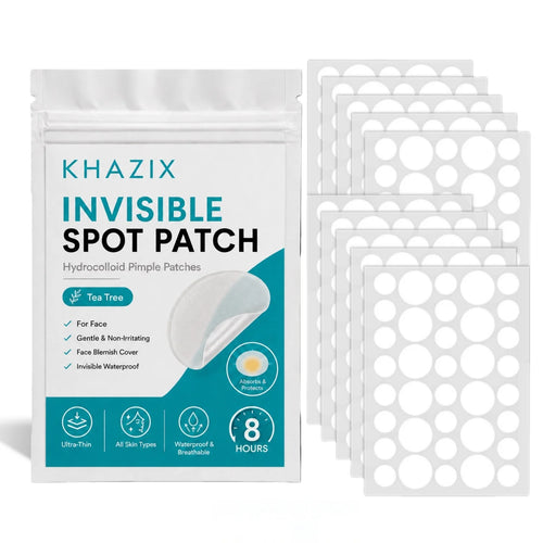 Hydrocolloid invisible spot patches tea tree in white pouch with stacked round patches