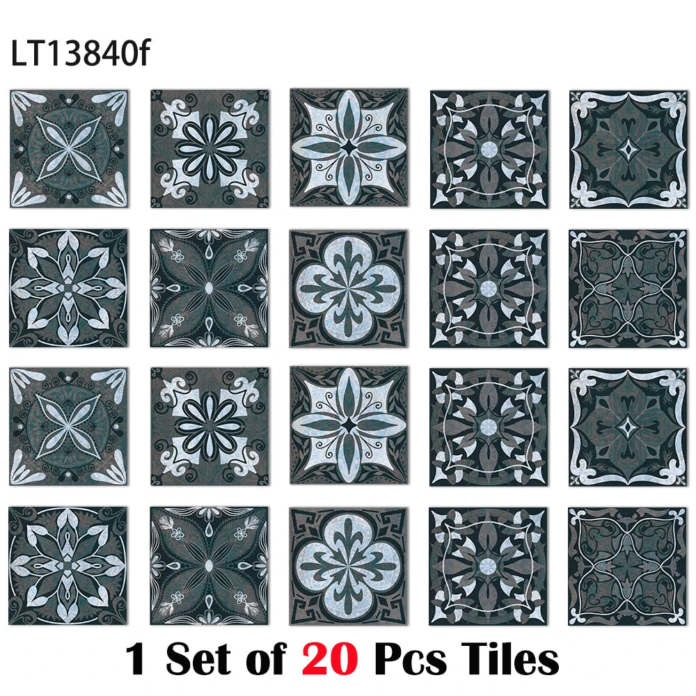 Square vintage tile wall sticker set, glossy dark gray with silver ornamental motifs