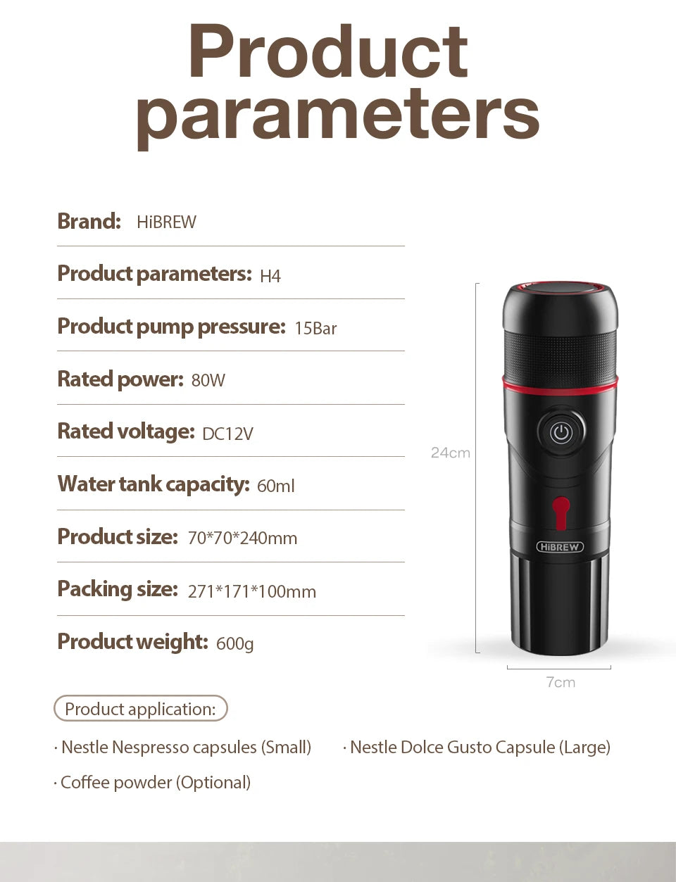 HiBREW H4 portable 15-bar black coffee maker for capsules and powder, 24cm tall with 60ml tank capacity.
