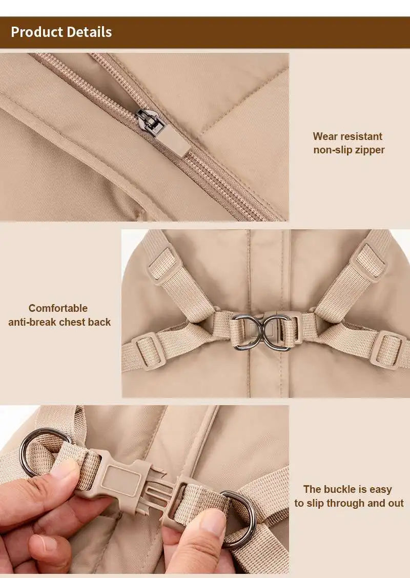 Beige, cotton-padded dog winter jacket with built-in harness, zipper, and secure buckle for warm, easy walks.