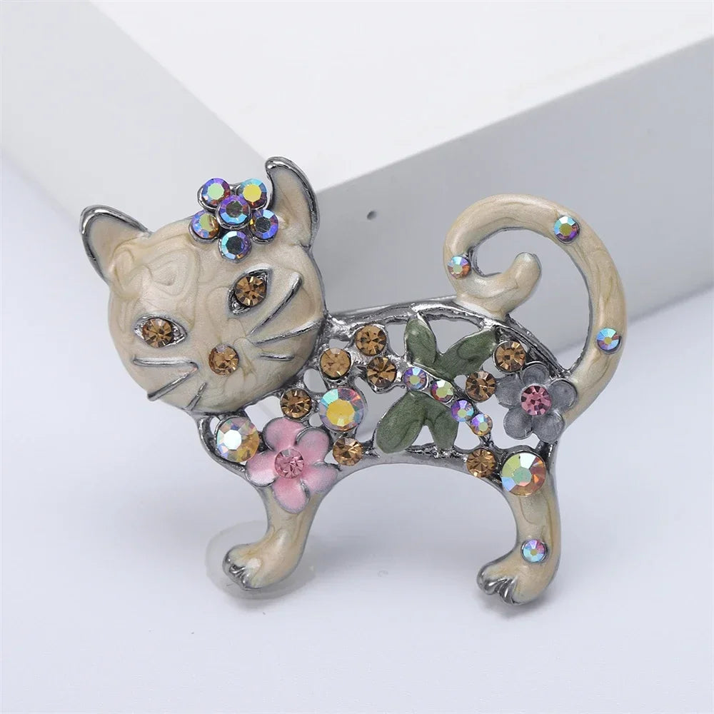 Sparkling crystal cat lapel pin brooch with floral enamel, perfect jewelry gift for cat lovers.