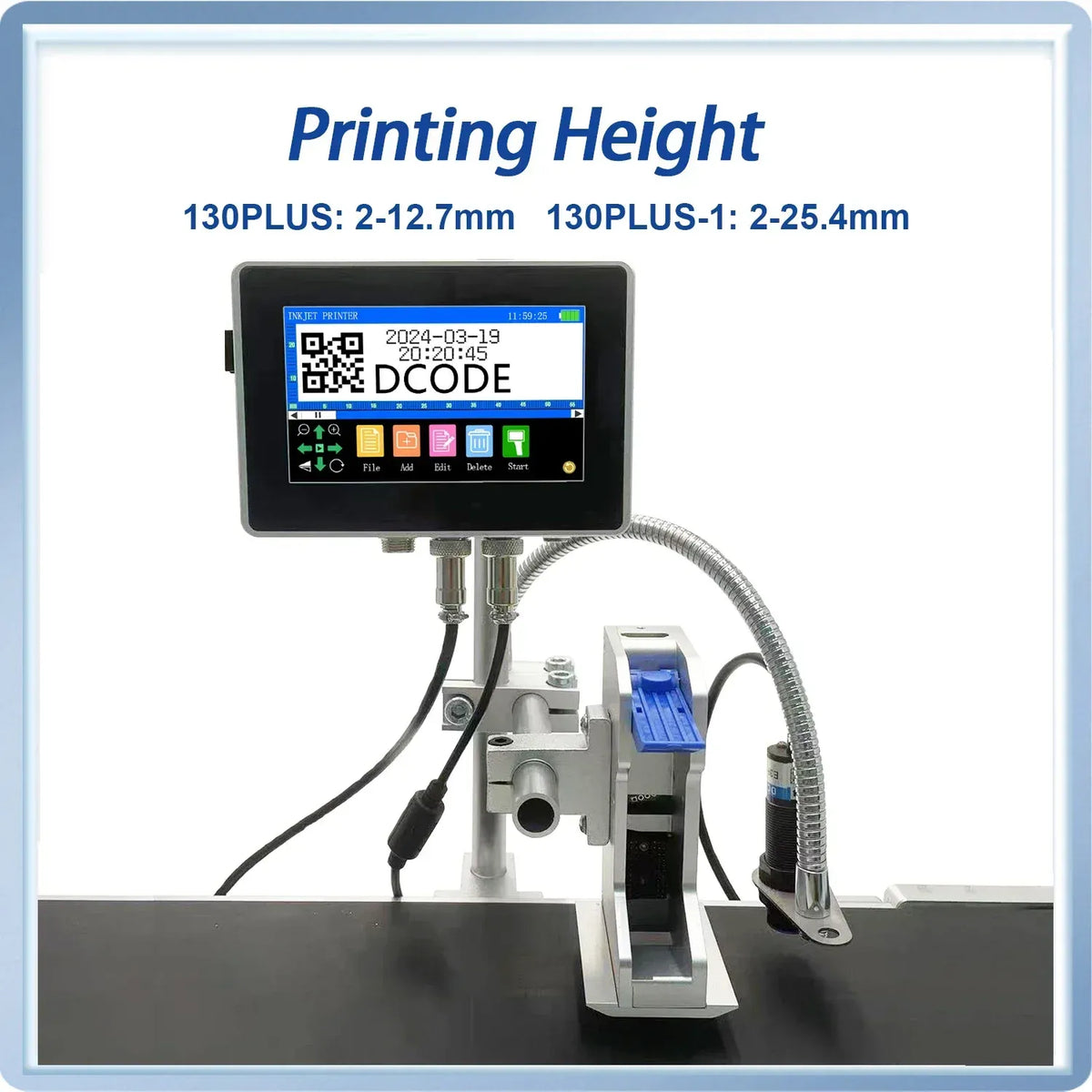 Industrial online inkjet printer with touchscreen display and adjustable nozzle assembly
