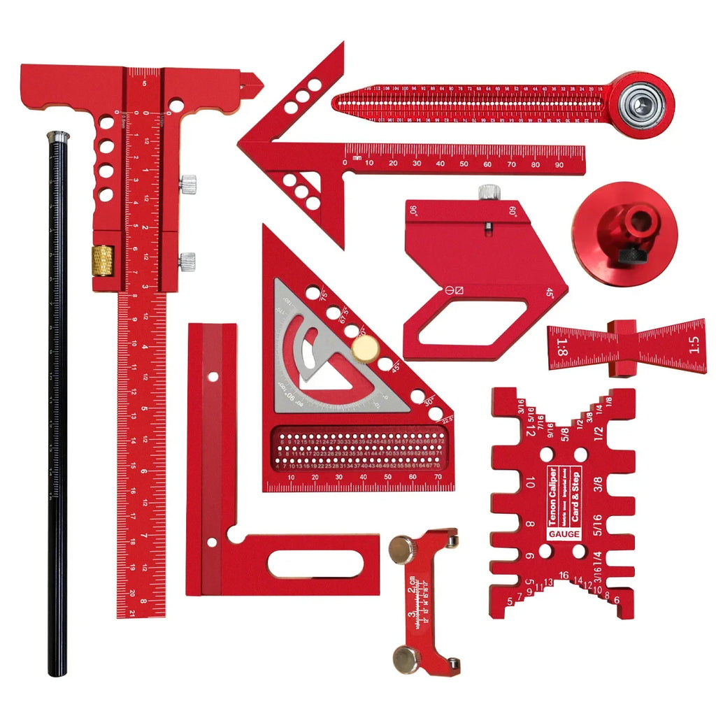 10pcs Woodworking Square Kit with Box, T-Square Scribing Tools,Positioning Block,Circular Drawing Compass,Honing Guide,Height Ga