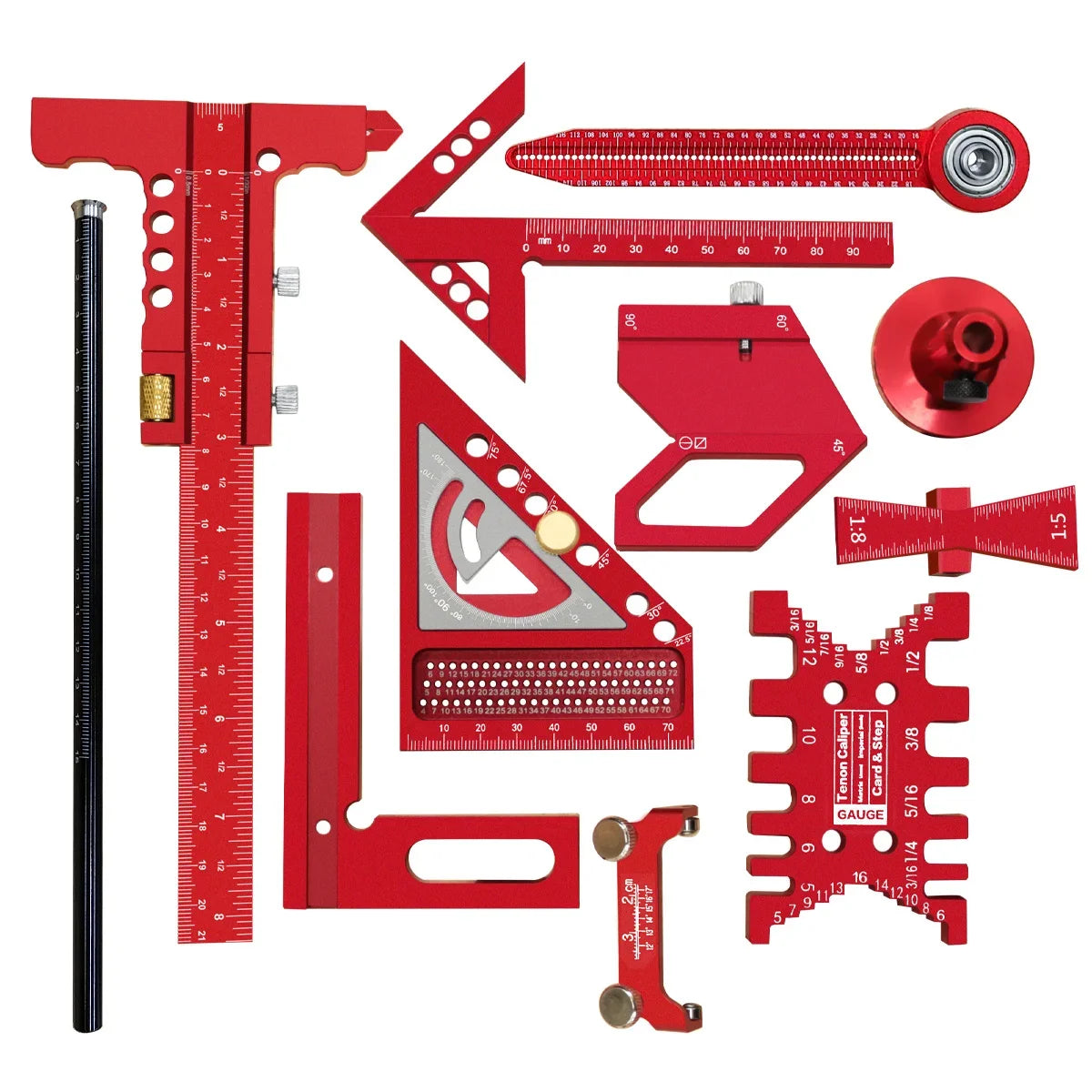 10pcs Woodworking Square Kit with Box, T-Square Scribing Tools,Positioning Block,Circular Drawing Compass,Honing Guide,Height Ga