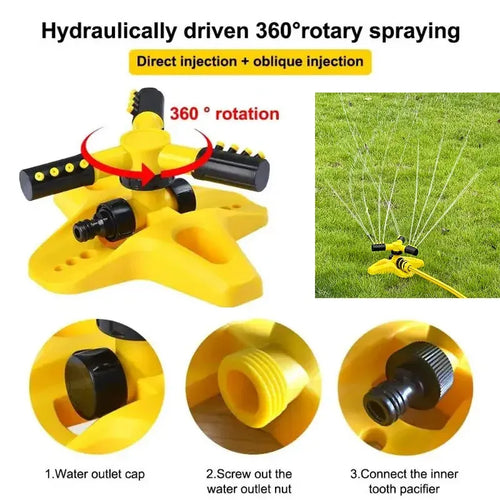 Yellow 360 rotary garden sprinkler head with three black spray arms and outlet cap
