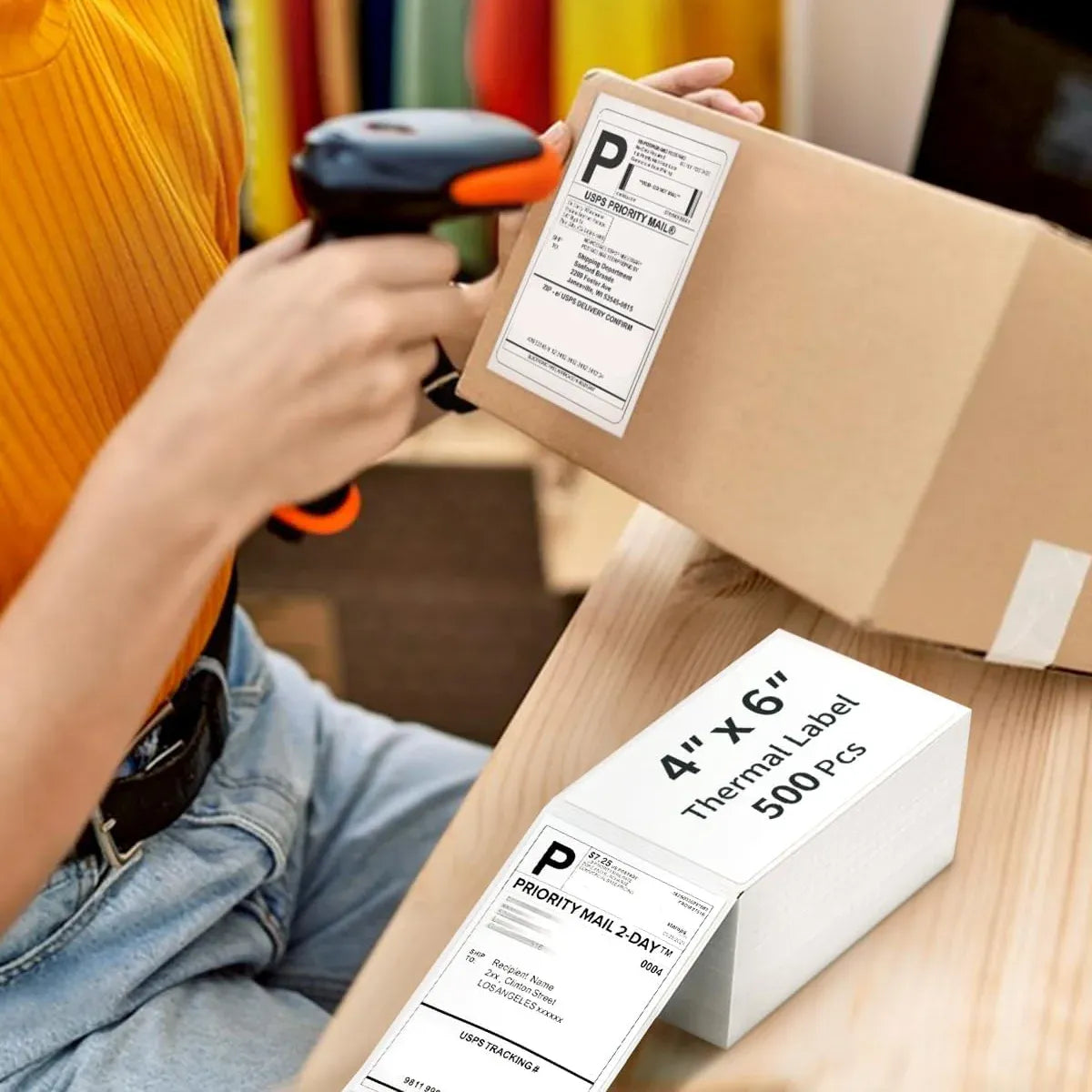 4x6 thermal shipping label on a cardboard box, barcode label sheet