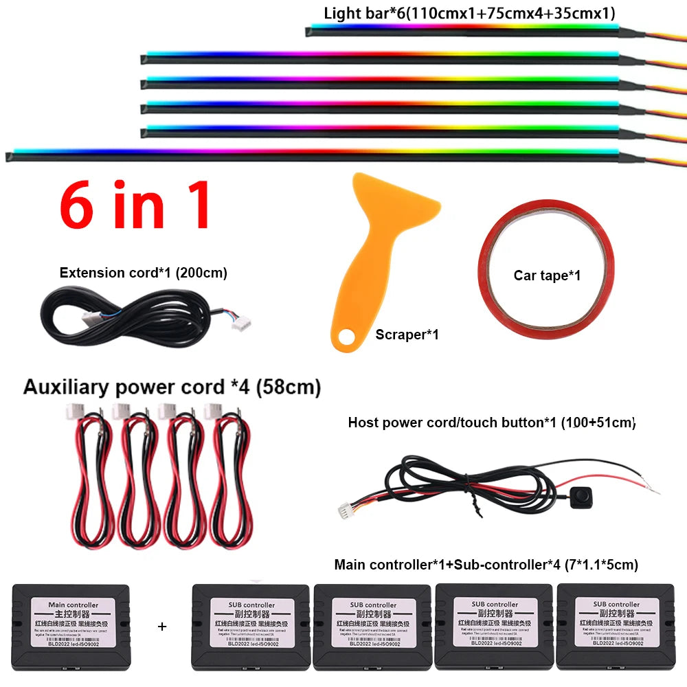 RGB Car Ambient Light Kit | App-Controlled Acrylic Fiber Optic System 6 in 1 Full color Tidesmit
