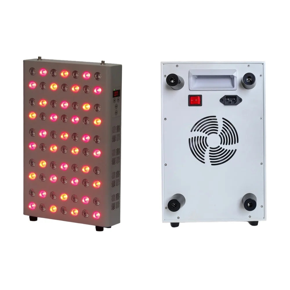 Red and infrared LED therapy panel for anti-aging and pain relief with cooling fan and power switch on back.