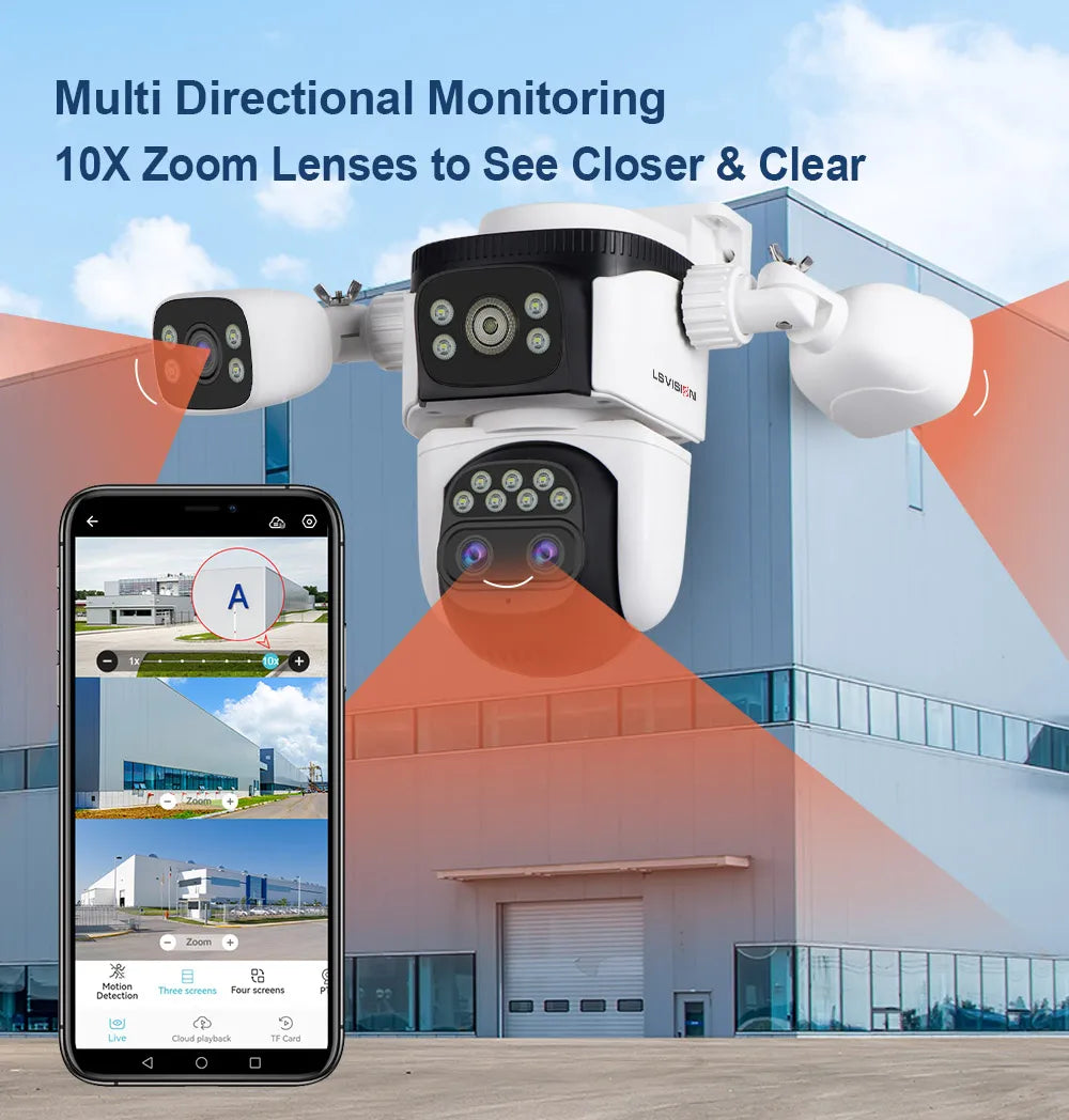 LS VISION Wireless WiFi Camera, 10K, 20MP, Outdoor, 10X Zoom, Four Lens, 720 ° PTZ, Automatic Tracking, Waterproof CCTV Cam
