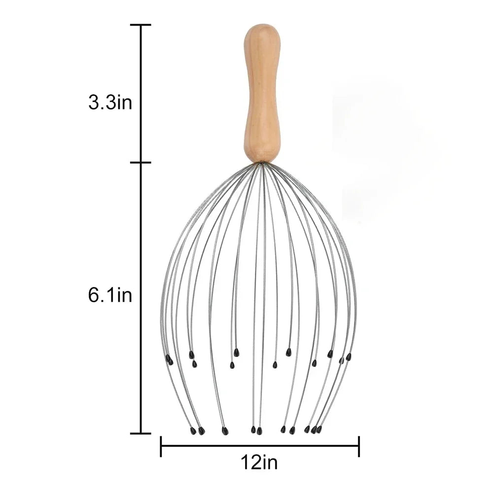 24-finger octopus head massager with wooden handle and metal wires for scalp relaxation and stress relief.