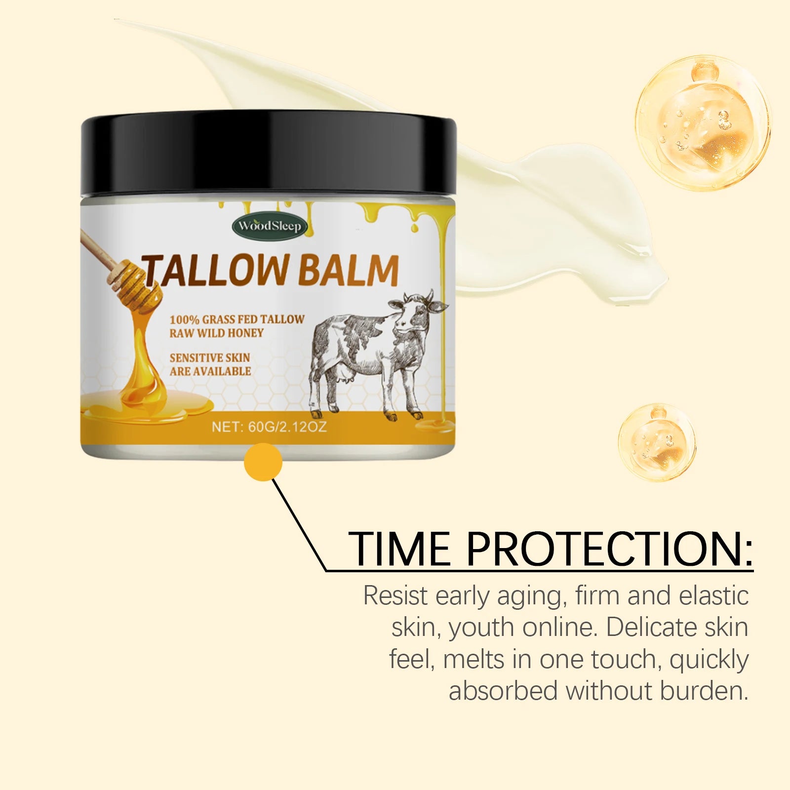 Beef Tallow Honey Balm Tighten Skin Barrier Repair Lifting Facial Rejuvenation Soft Smooth Whipped Tallow Cream Moisturizer 60g