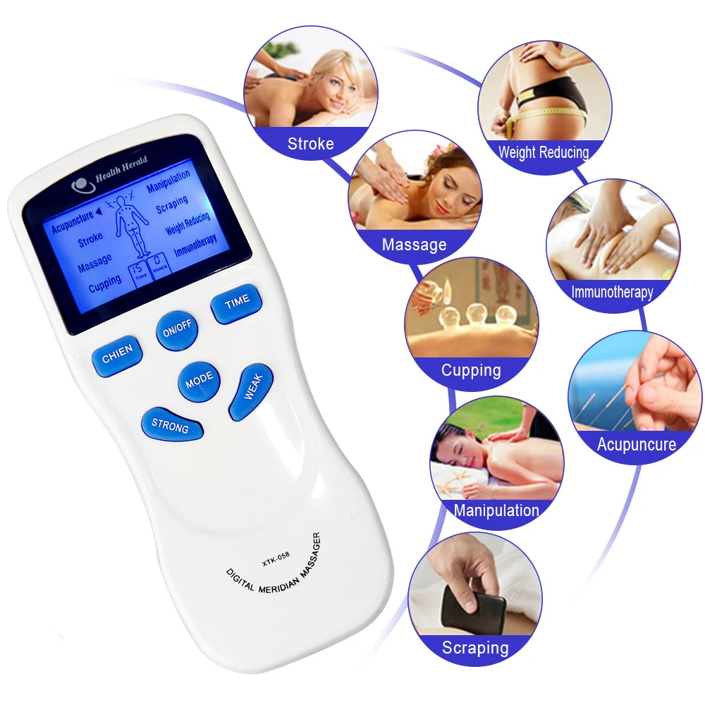 White 8-mode TENS pulse EMS muscle stimulator massager with digital LCD display and therapy function icons.