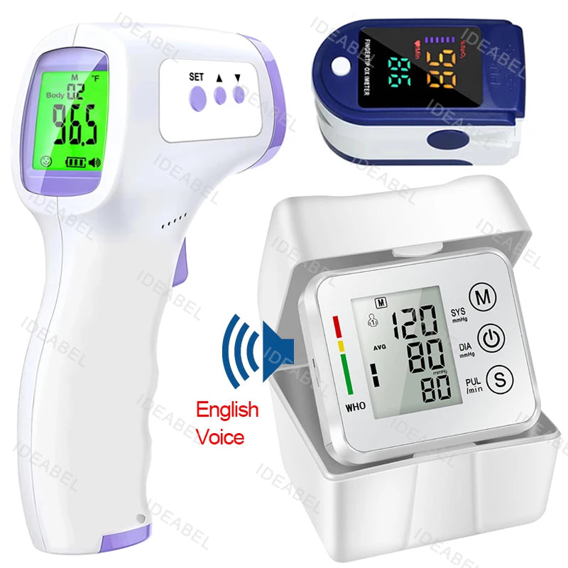 Wrist Blood Pressure Monitor LED English Voice Broadcast Tonometer BP Monitor Non Contact Infrared Medical Thermometer