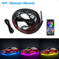 App-controlled car underglow LED strips, two 120cm and two 150cm lengths, with control module and smartphone interface.
