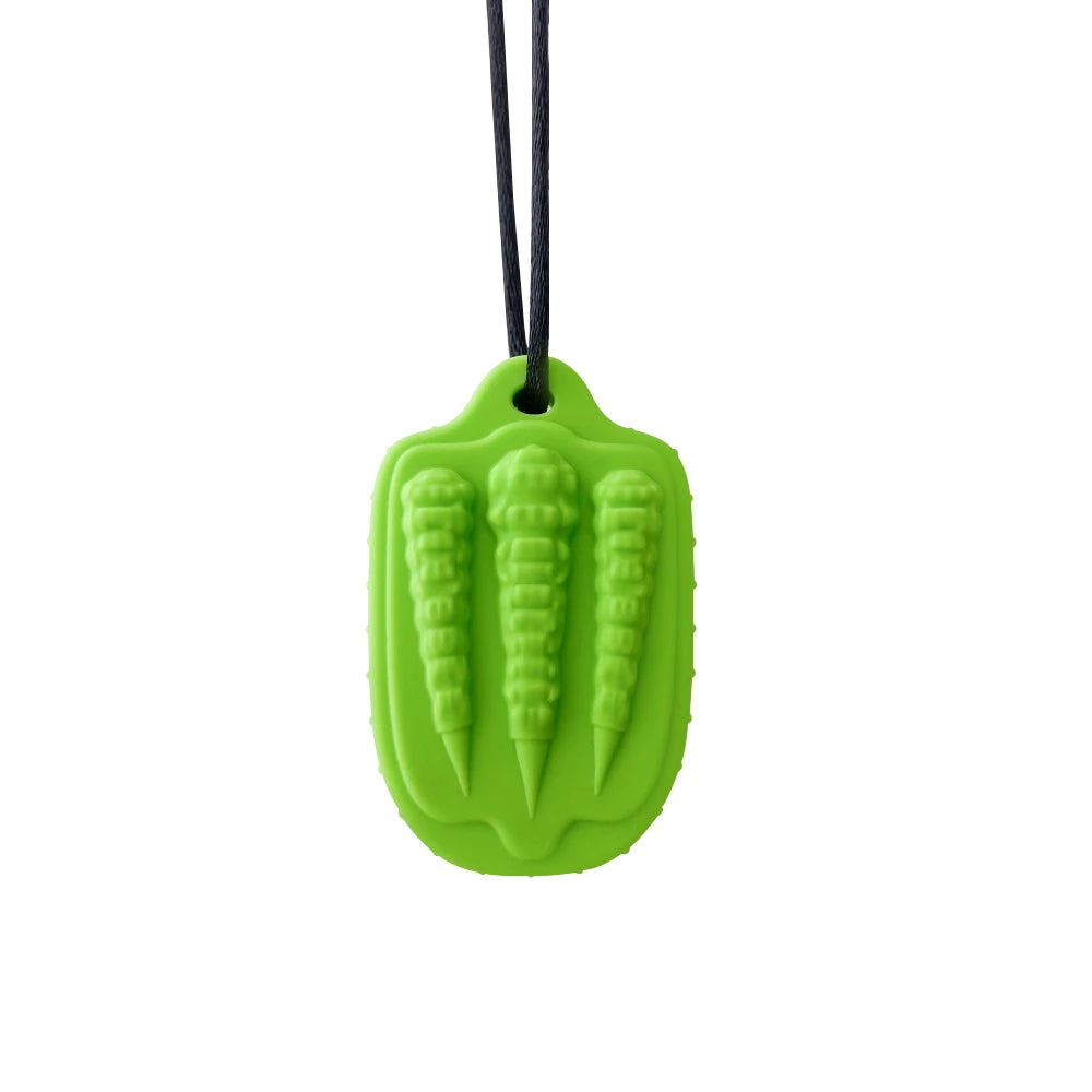 Green silicone baby teething toy necklace for soothing sore gums.