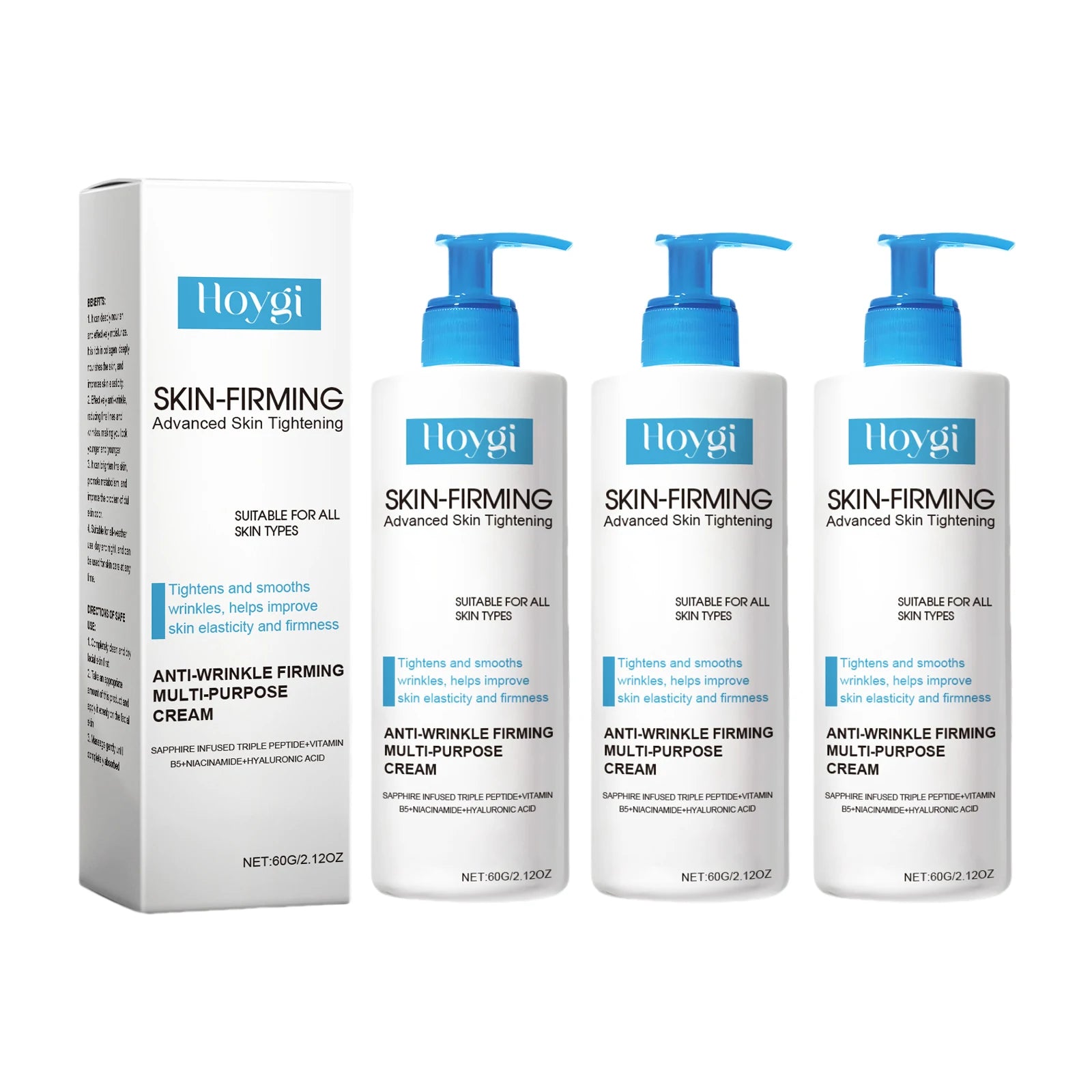 Hoygi skin-firming anti-wrinkle cream box with four blue-pump bottles