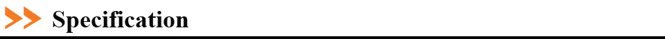Specification text header with orange double arrow icon for product details page.