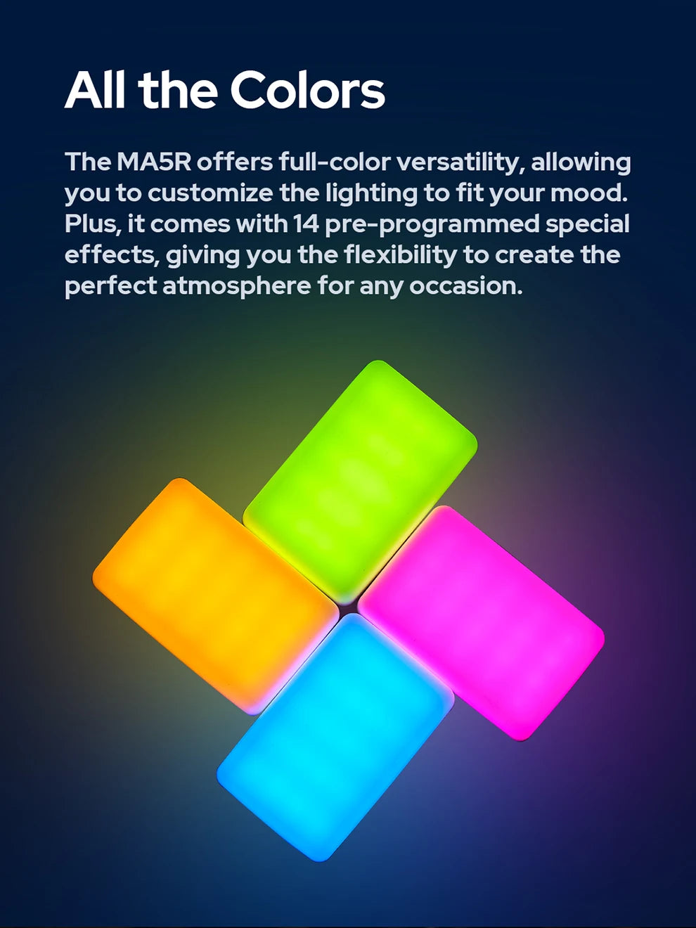 MA5R light panels arranged in a square, glowing in vibrant yellow, green, pink, and blue for ambient mood lighting.