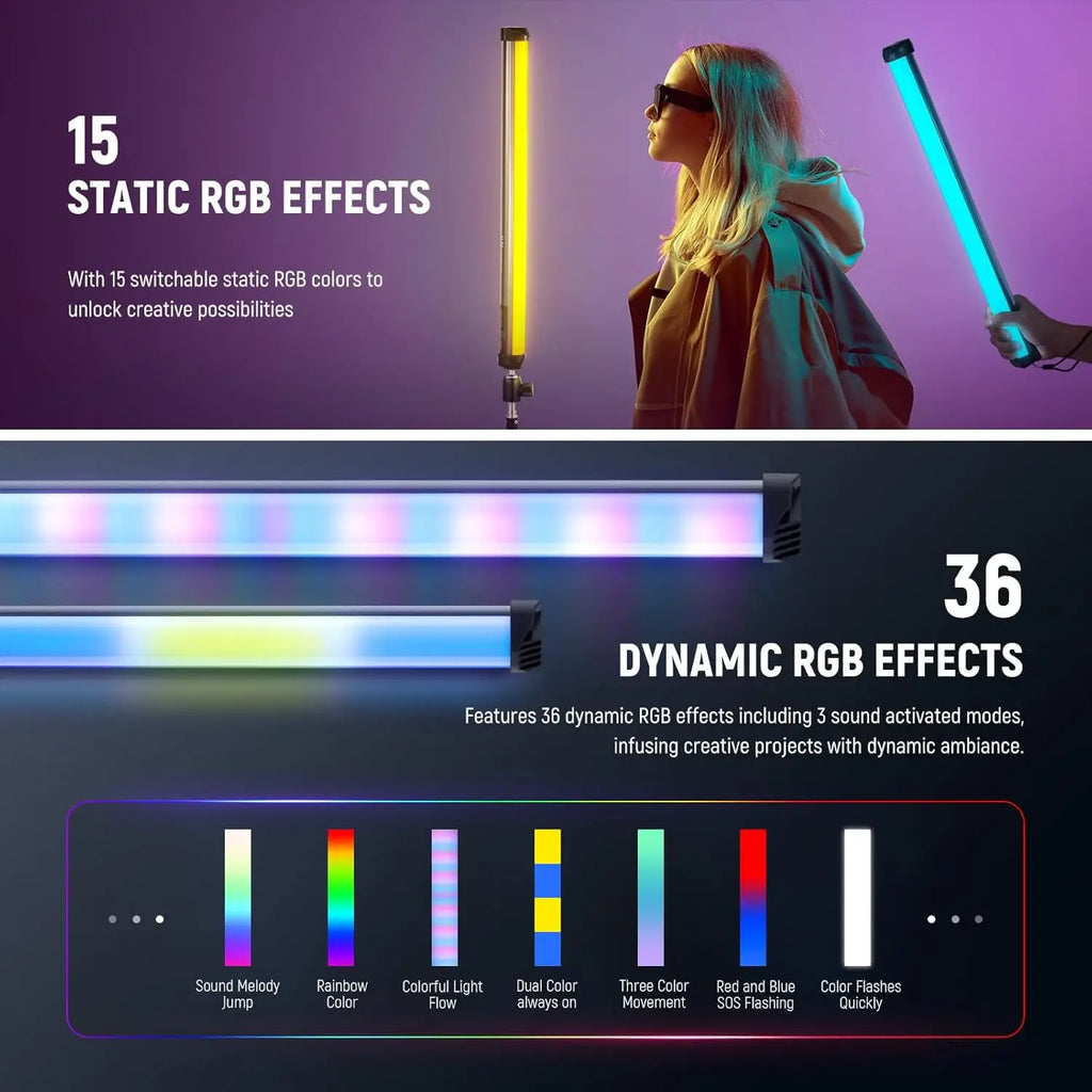 Handheld LED light wand with 15 static and 36 dynamic RGB color modes for photography and creative lighting.