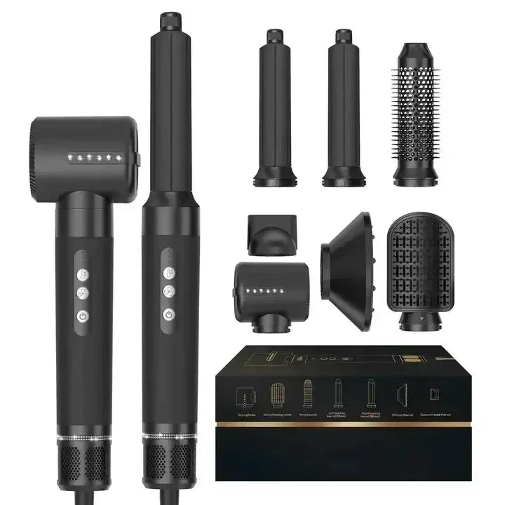7-in-1 black professional ionic hair dryer styler set with curling barrels, hot comb, and diffuser attachments.