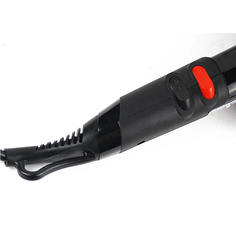 Black professional hair dryer handle with red heat control button and hanging loop for easy salon storage.