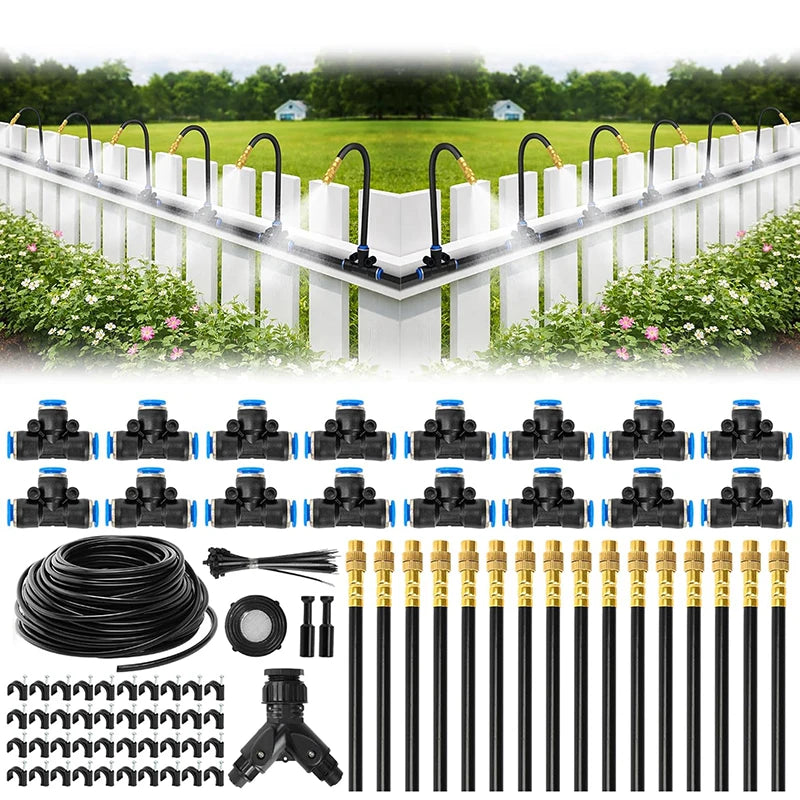 Drip irrigation system kit with black emitters, hoses, connectors, and gold misting nozzles