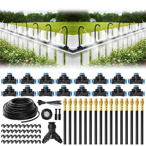 Drip irrigation system kit with black emitters, hoses, connectors, and gold misting nozzles