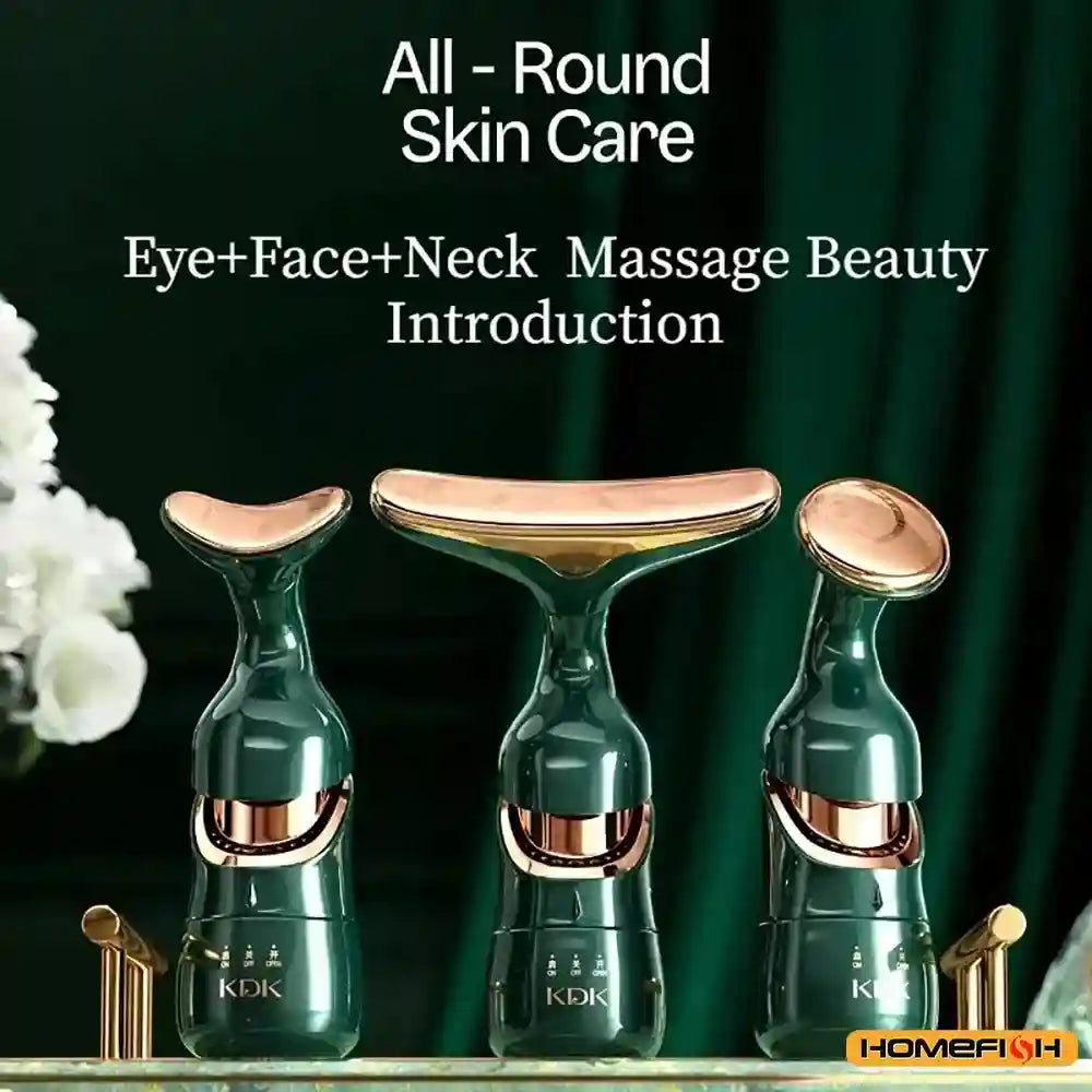 Three dark green and rose gold facial sculpting beauty devices with various shaped massage heads on a gold stand.