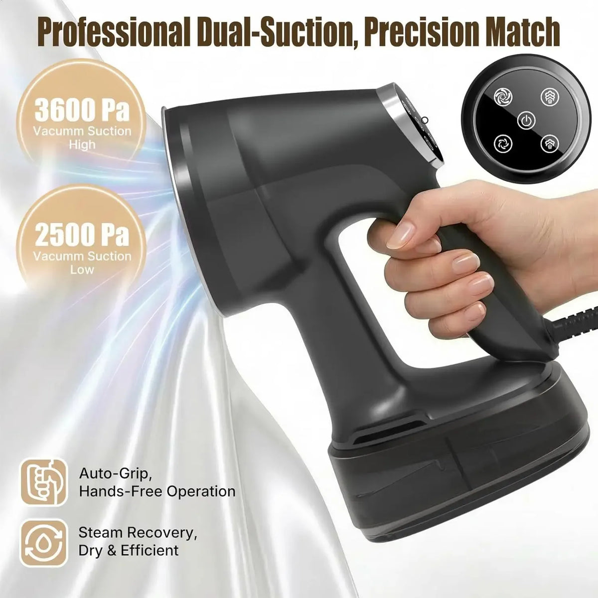 Handheld fabric steamer and iron with black ergonomic handle, digital touch display, and dual-suction steam recovery system.