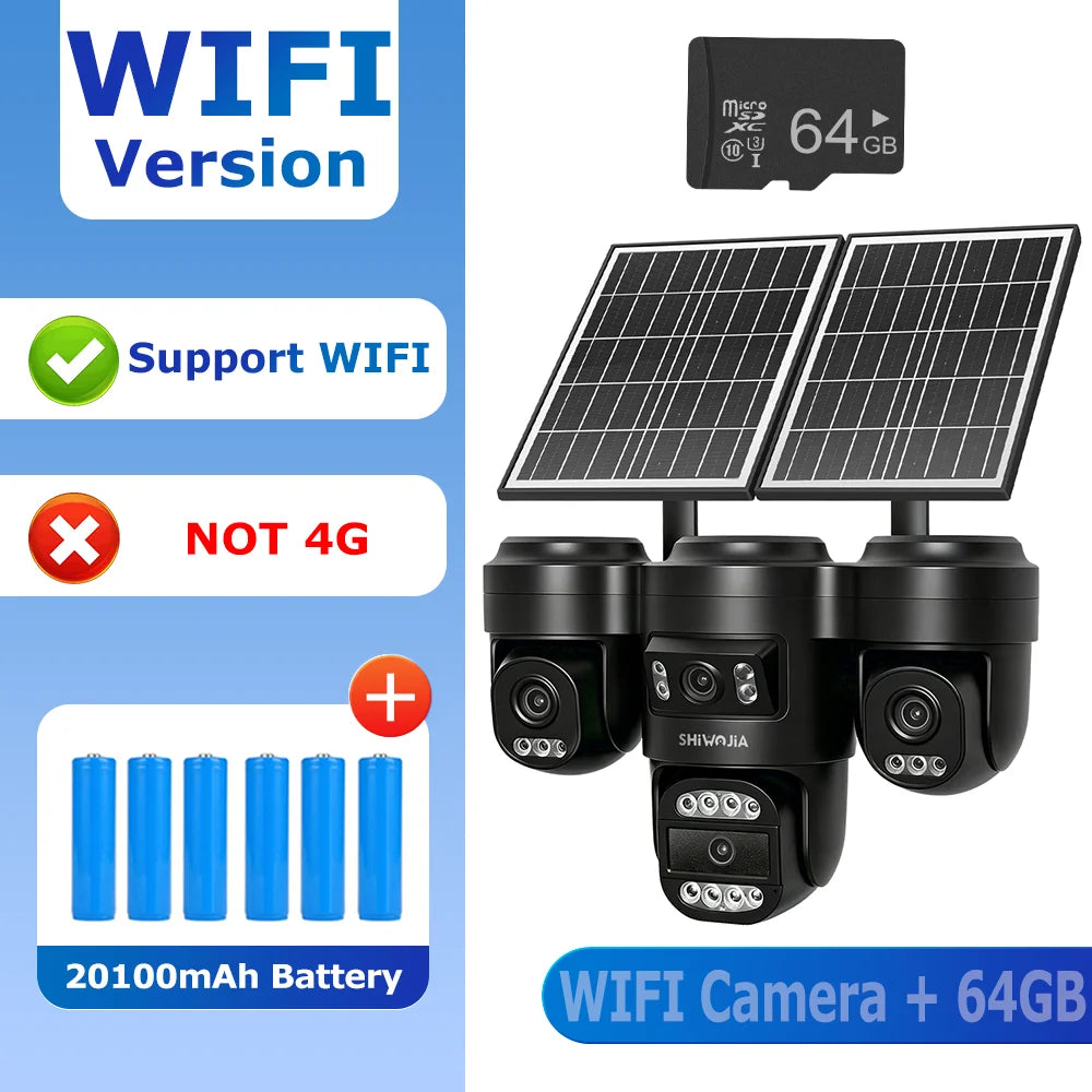 WiFi solar security camera with quad lenses, two solar panels, microSD 64GB