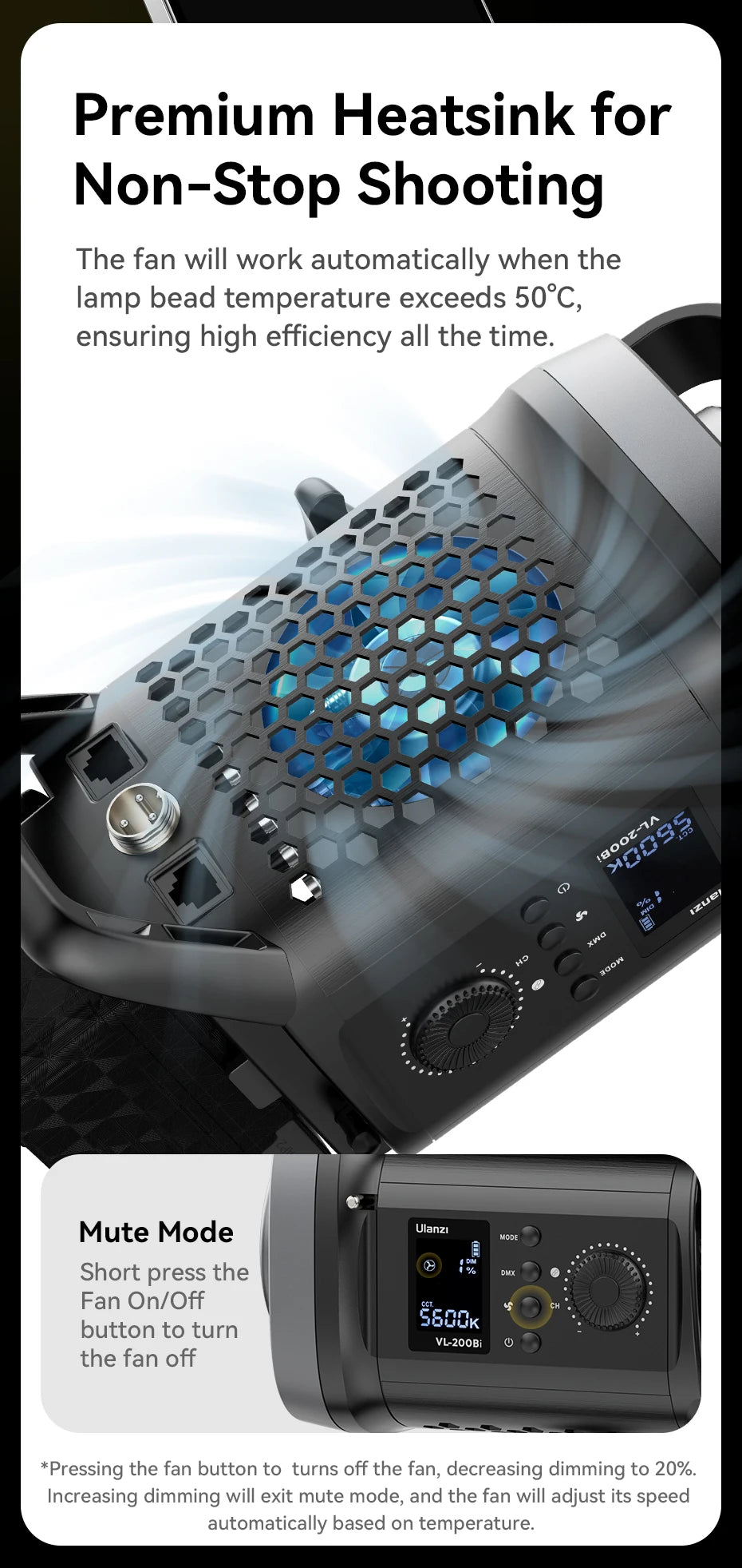 Black video light with hexagonal mesh cooling vent, blue internal fan, and digital display for studio photography.