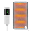 Rectangular grey fabric heating pad with wired digital controller for adjustable temperature and timer settings.