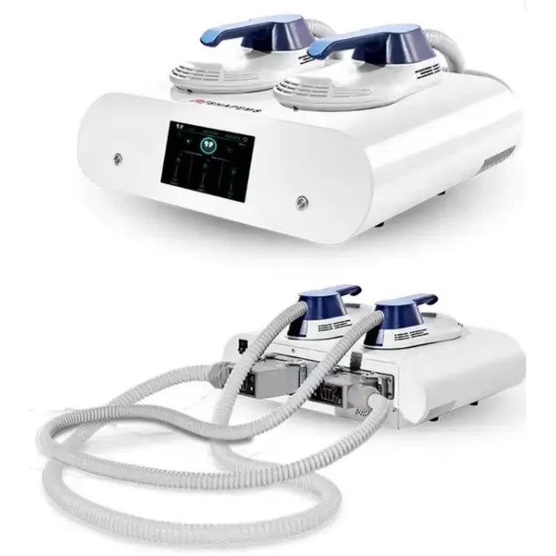 White HIEMT EMS NEO RF body sculpting machine with two applicators, touch screen, and hoses for muscle stimulation.