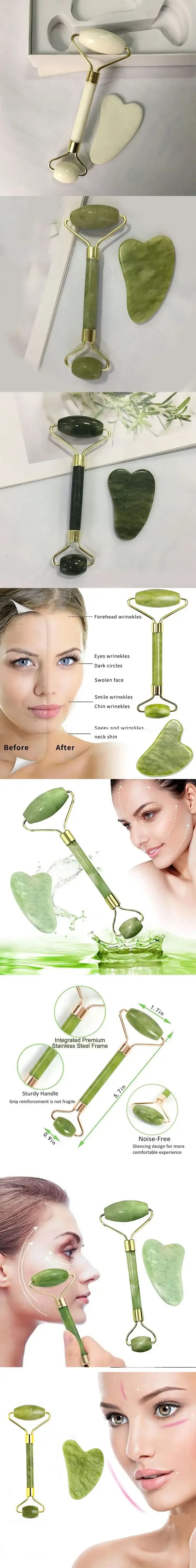 2-piece green stone facial roller and heart-shaped Gua Sha scraping tool with gold metal hardware.