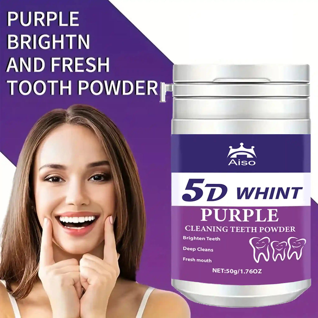 Tidesmit 5D purple teeth whitening powder for effective stain removal and fresh breath, perfect for travel.